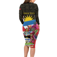 Personalized Antigua and Barbuda Family Matching Long Sleeve Bodycon Dress and Hawaiian Shirt Fallow Deer Tropical Bouquet - Wonder Print Shop