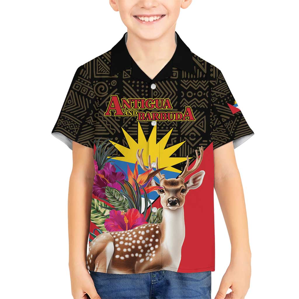 Personalized Antigua and Barbuda Family Matching Off Shoulder Maxi Dress and Hawaiian Shirt Fallow Deer Tropical Bouquet - Wonder Print Shop