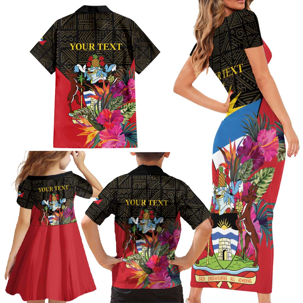 Personalized Antigua and Barbuda Family Matching Short Sleeve Bodycon Dress and Hawaiian Shirt Fallow Deer Tropical Bouquet - Wonder Print Shop
