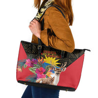 Antigua and Barbuda Leather Tote Bag Fallow Deer Tropical Bouquet - Wonder Print Shop