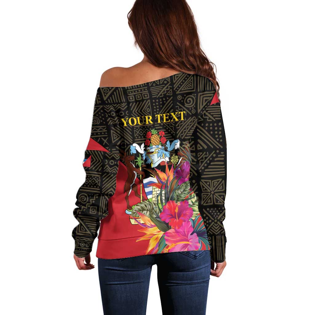Personalized Antigua and Barbuda Off Shoulder Sweater Fallow Deer Tropical Bouquet - Wonder Print Shop