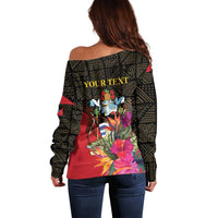 Personalized Antigua and Barbuda Off Shoulder Sweater Fallow Deer Tropical Bouquet - Wonder Print Shop