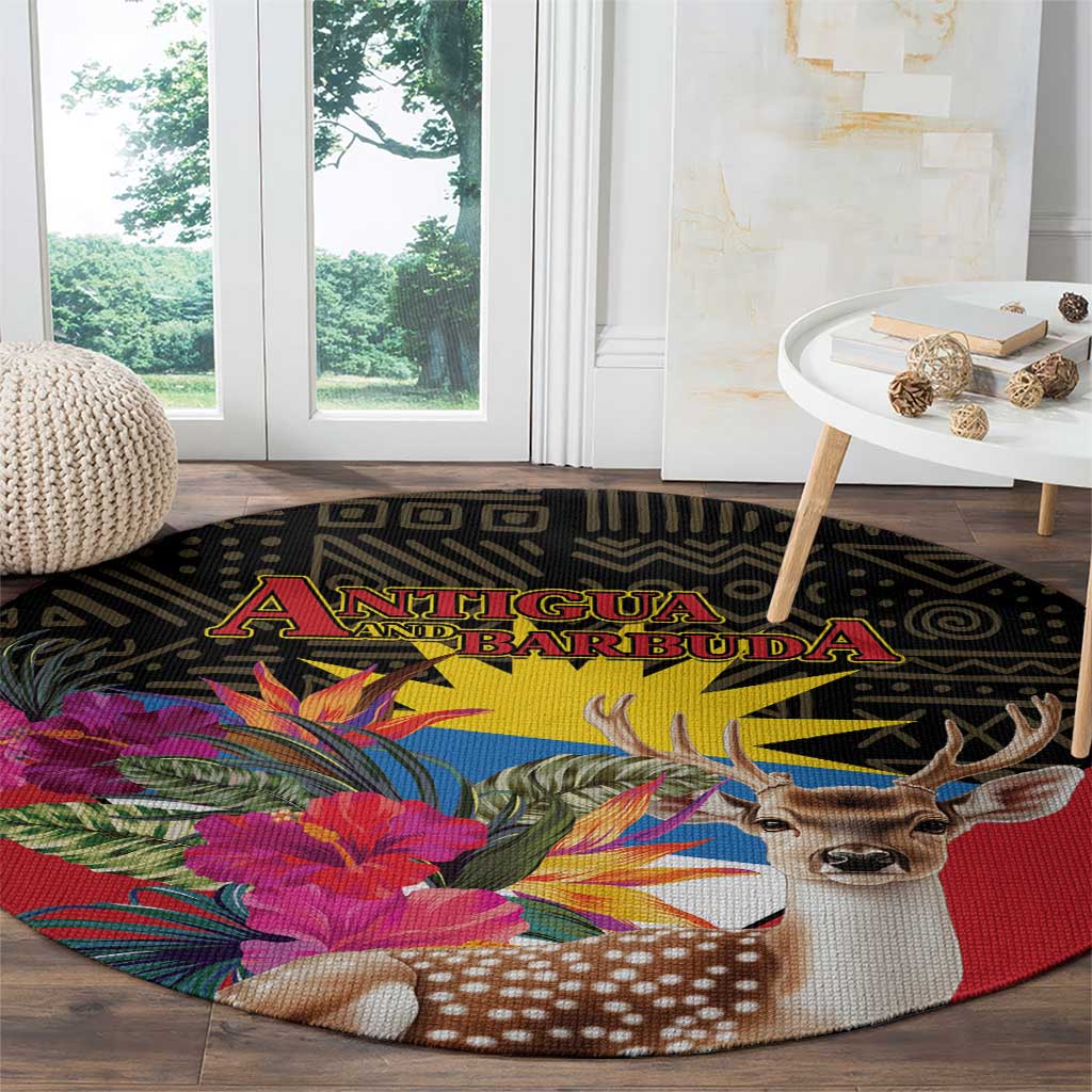 Antigua and Barbuda Round Carpet Fallow Deer Tropical Bouquet