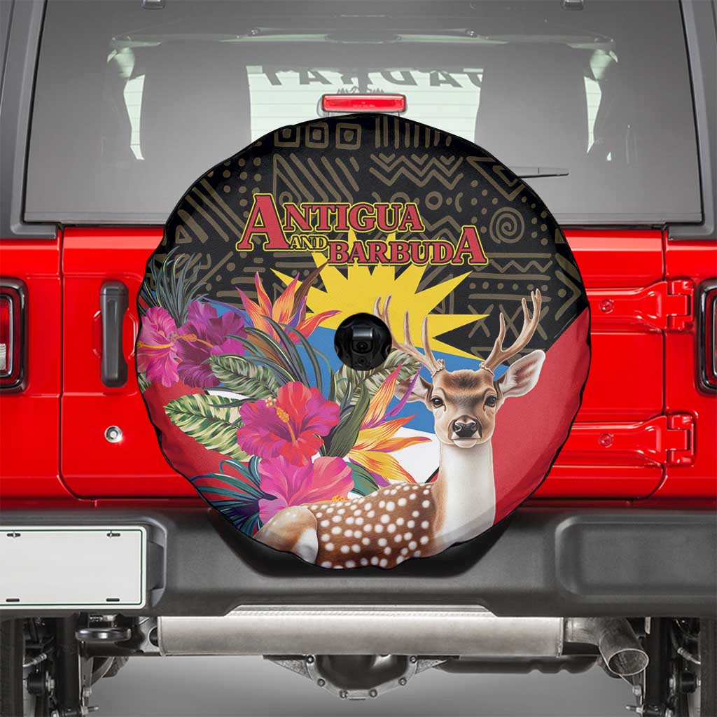 Antigua and Barbuda Spare Tire Cover Fallow Deer Tropical Bouquet - Wonder Print Shop