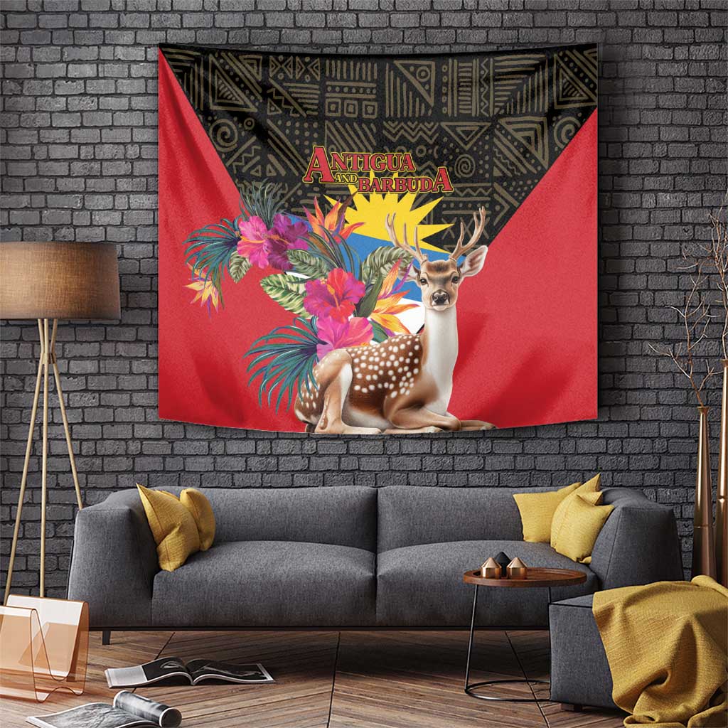 Antigua and Barbuda Tapestry Fallow Deer Tropical Bouquet - Wonder Print Shop