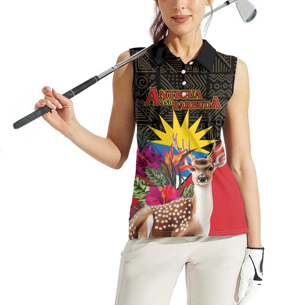 Personalized Antigua and Barbuda Women Sleeveless Polo Shirt Fallow Deer Tropical Bouquet - Wonder Print Shop