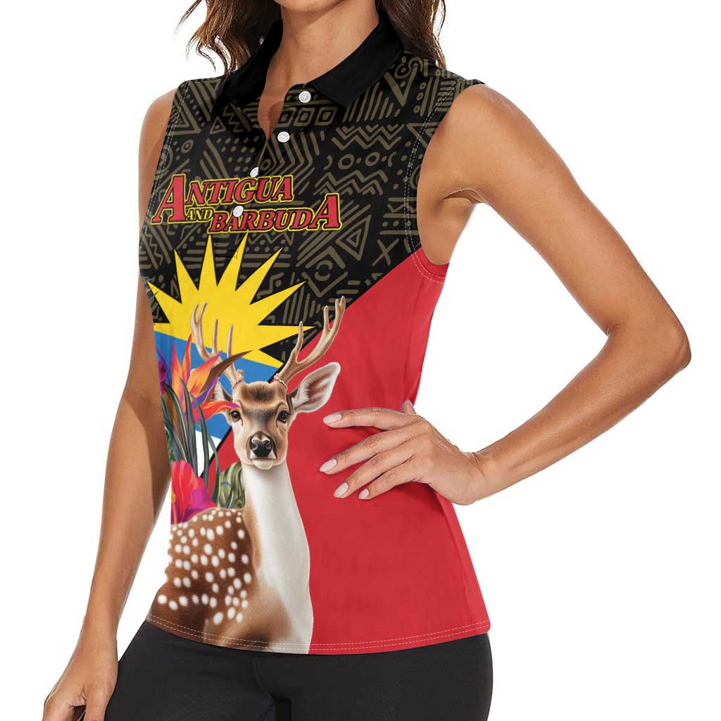 Personalized Antigua and Barbuda Women Sleeveless Polo Shirt Fallow Deer Tropical Bouquet - Wonder Print Shop