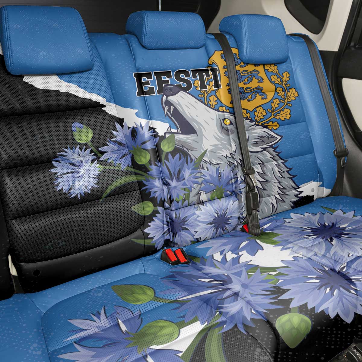 Estonia Back Car Seat Cover Grey Wolf Cyanus Flowers - Wonder Print Shop