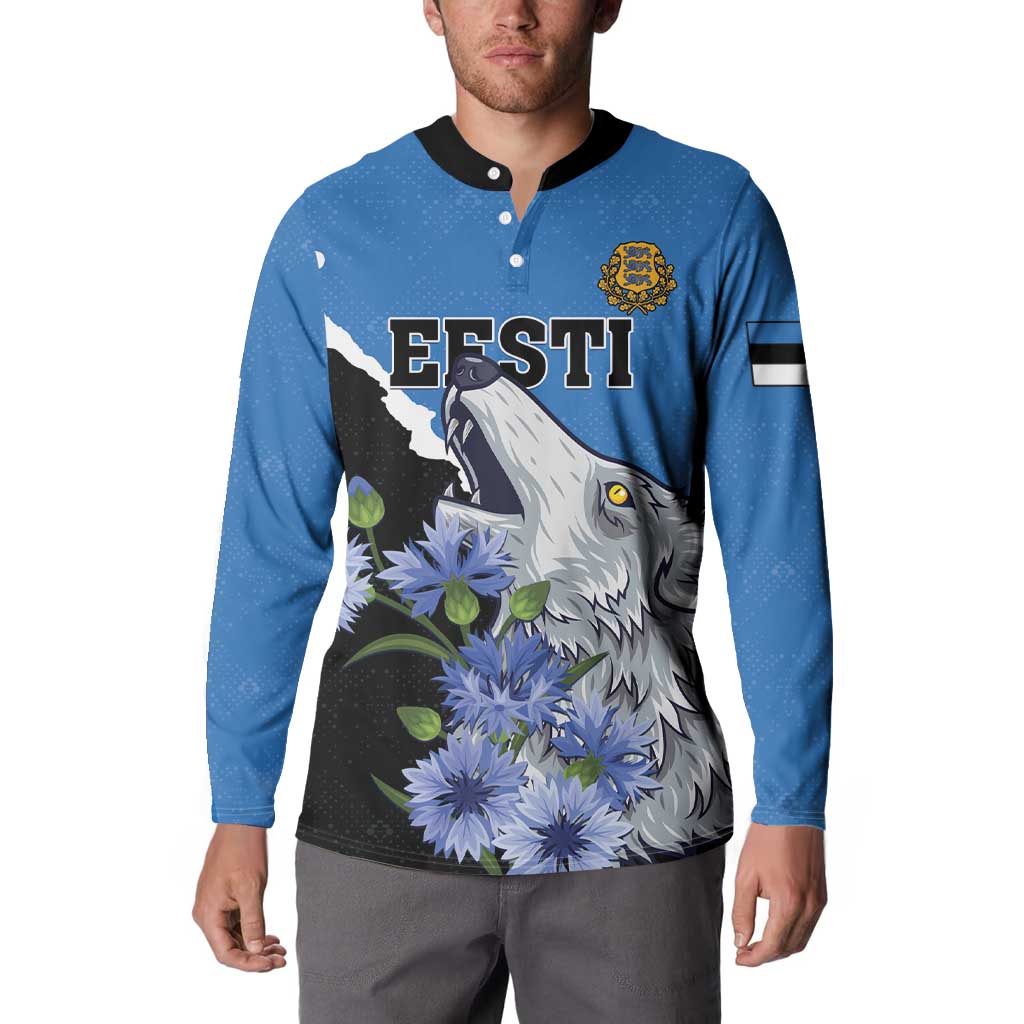 Personalised Estonia Button Sweatshirt Grey Wolf Cyanus Flowers - Wonder Print Shop