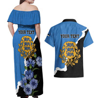 Personalised Estonia Couples Matching Off Shoulder Maxi Dress and Hawaiian Shirt Grey Wolf Cyanus Flowers - Wonder Print Shop