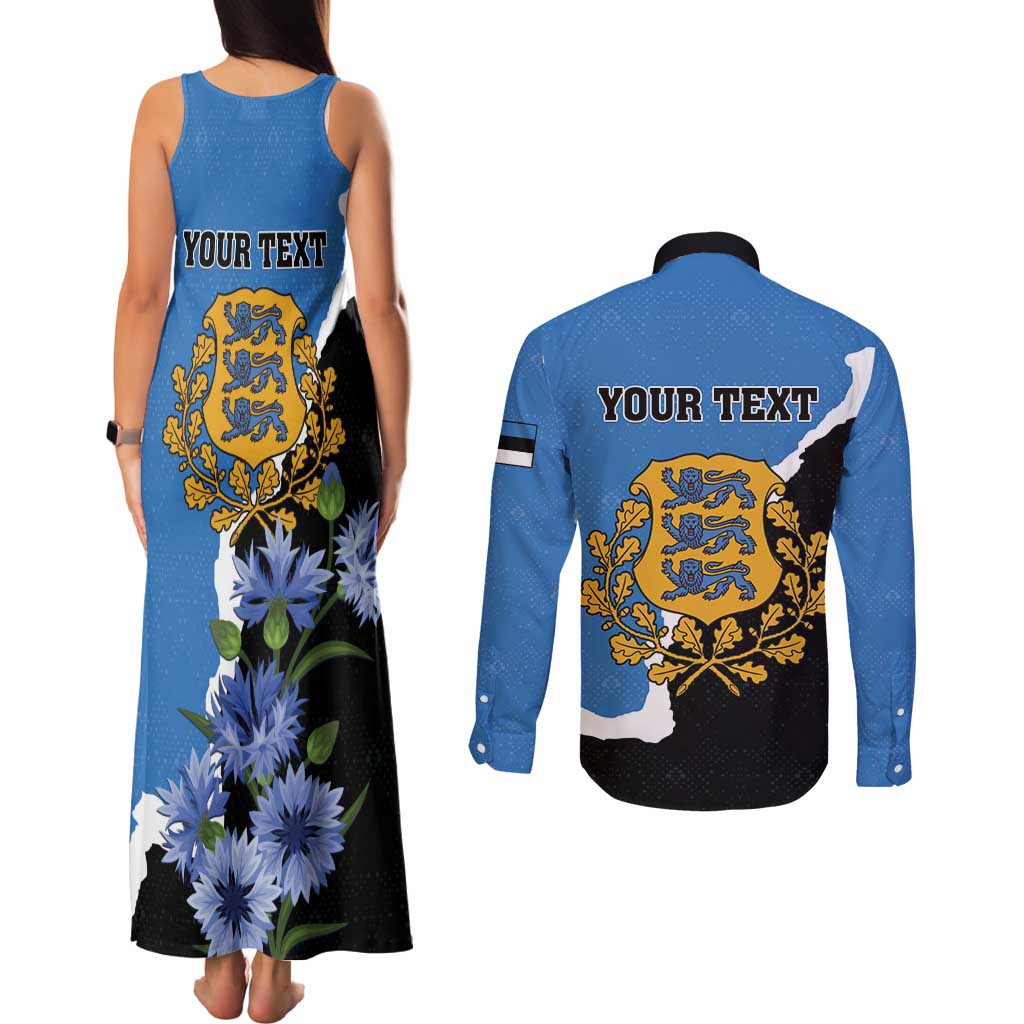 Personalised Estonia Couples Matching Tank Maxi Dress and Long Sleeve Button Shirt Grey Wolf Cyanus Flowers - Wonder Print Shop
