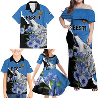 Personalised Estonia Family Matching Off Shoulder Maxi Dress and Hawaiian Shirt Grey Wolf Cyanus Flowers - Wonder Print Shop
