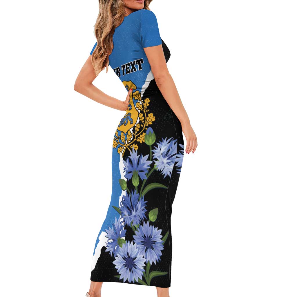 Personalised Estonia Family Matching Short Sleeve Bodycon Dress and Hawaiian Shirt Grey Wolf Cyanus Flowers - Wonder Print Shop