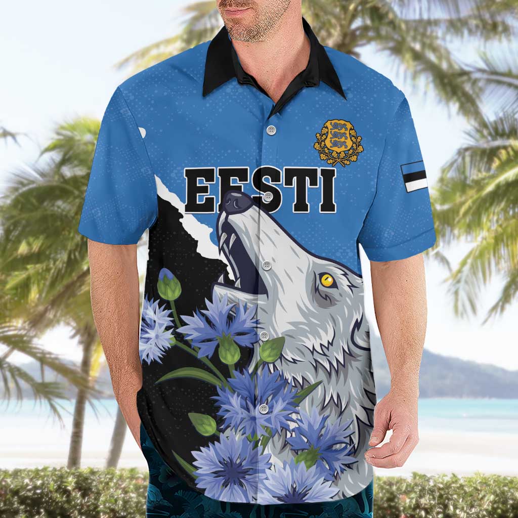 Personalised Estonia Hawaiian Shirt Grey Wolf Cyanus Flowers - Wonder Print Shop