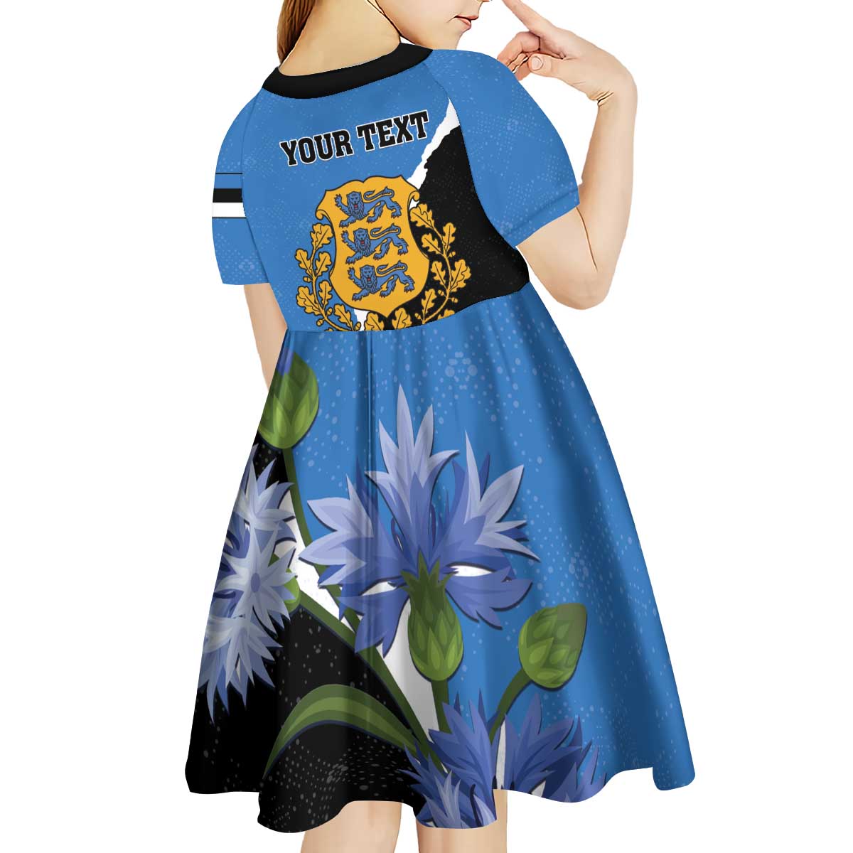 Personalised Estonia Kid Short Sleeve Dress Grey Wolf Cyanus Flowers - Wonder Print Shop