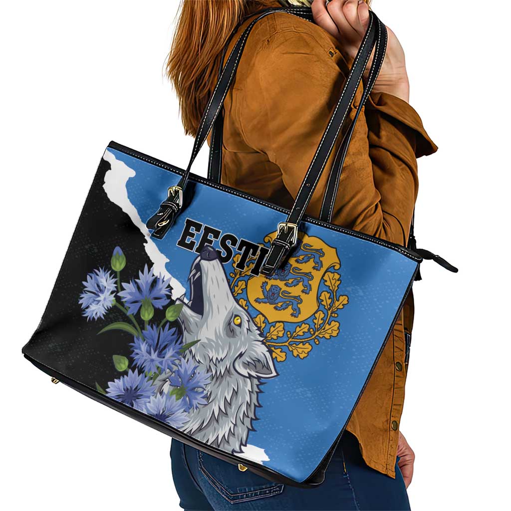 Estonia Leather Tote Bag Grey Wolf Cyanus Flowers - Wonder Print Shop