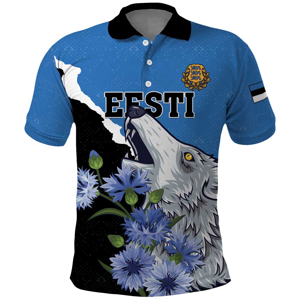 Personalised Estonia Polo Shirt Grey Wolf Cyanus Flowers - Wonder Print Shop