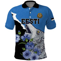 Personalised Estonia Polo Shirt Grey Wolf Cyanus Flowers - Wonder Print Shop