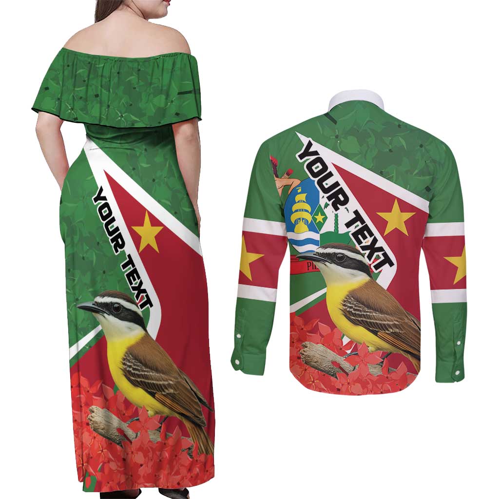 Personalized Suriname Couples Matching Off Shoulder Maxi Dress and Long Sleeve Button Shirt Gerechtigheid Vroomheid Vertrouwen - Wonder Print Shop