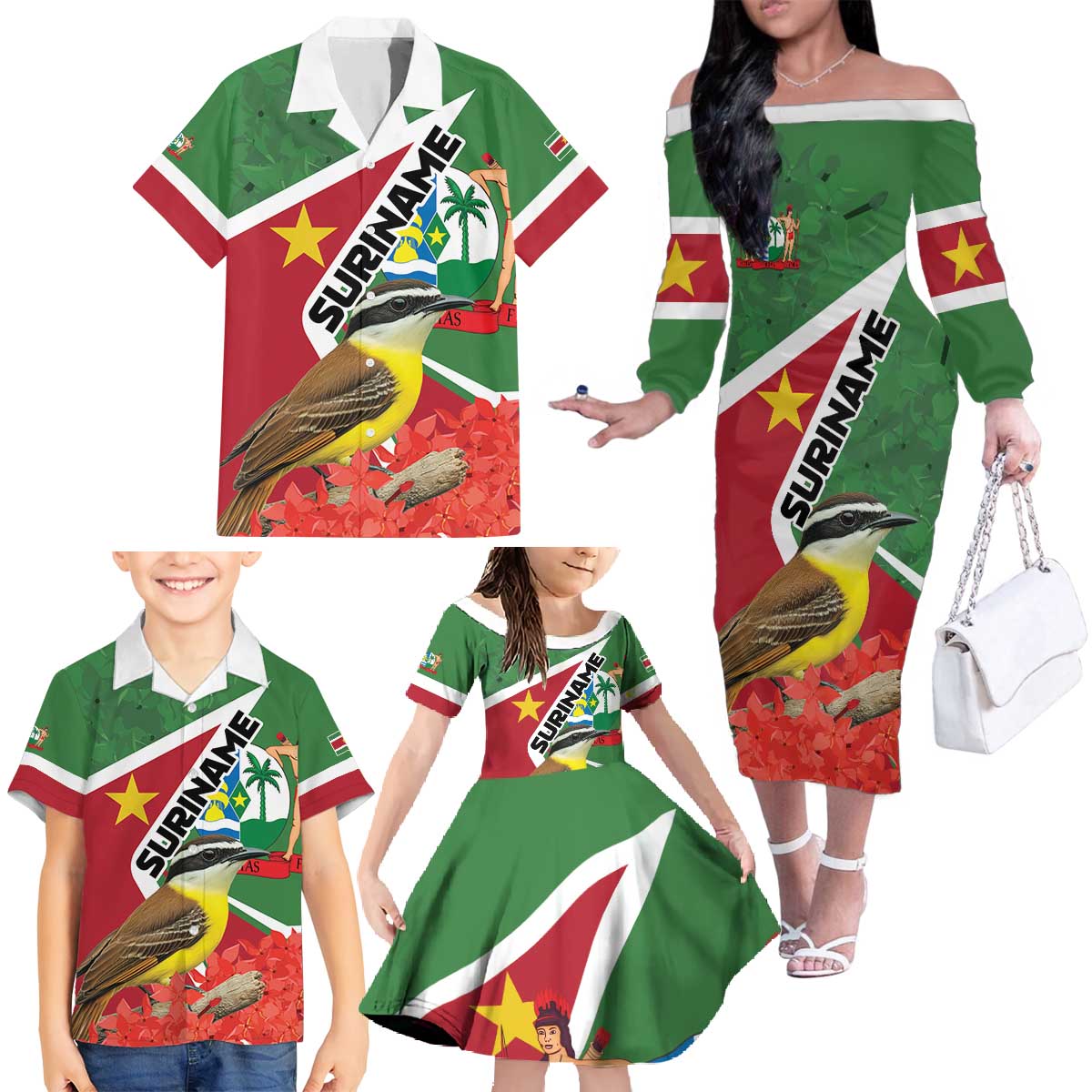 Personalized Suriname Family Matching Off The Shoulder Long Sleeve Dress and Hawaiian Shirt Gerechtigheid Vroomheid Vertrouwen - Wonder Print Shop