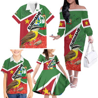 Personalized Suriname Family Matching Off The Shoulder Long Sleeve Dress and Hawaiian Shirt Gerechtigheid Vroomheid Vertrouwen - Wonder Print Shop