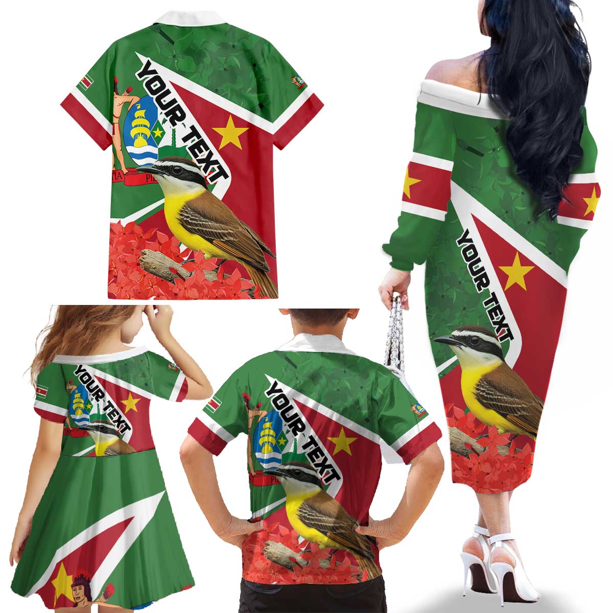 Personalized Suriname Family Matching Off The Shoulder Long Sleeve Dress and Hawaiian Shirt Gerechtigheid Vroomheid Vertrouwen - Wonder Print Shop