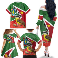 Personalized Suriname Family Matching Off The Shoulder Long Sleeve Dress and Hawaiian Shirt Gerechtigheid Vroomheid Vertrouwen - Wonder Print Shop