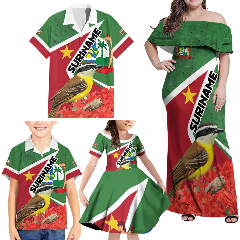 Personalized Suriname Family Matching Off Shoulder Maxi Dress and Hawaiian Shirt Gerechtigheid Vroomheid Vertrouwen - Wonder Print Shop