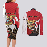 Personalized Republic of Yemen Couples Matching Long Sleeve Bodycon Dress and Long Sleeve Button Shirt Yamaniyyatu Coat of Arms - Wonder Print Shop
