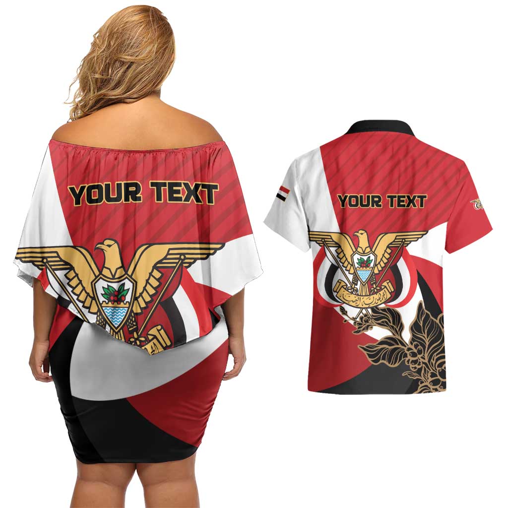 Personalized Republic of Yemen Couples Matching Off Shoulder Short Dress and Hawaiian Shirt Yamaniyyatu Coat of Arms - Wonder Print Shop