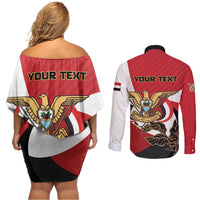 Personalized Republic of Yemen Couples Matching Off Shoulder Short Dress and Long Sleeve Button Shirt Yamaniyyatu Coat of Arms - Wonder Print Shop