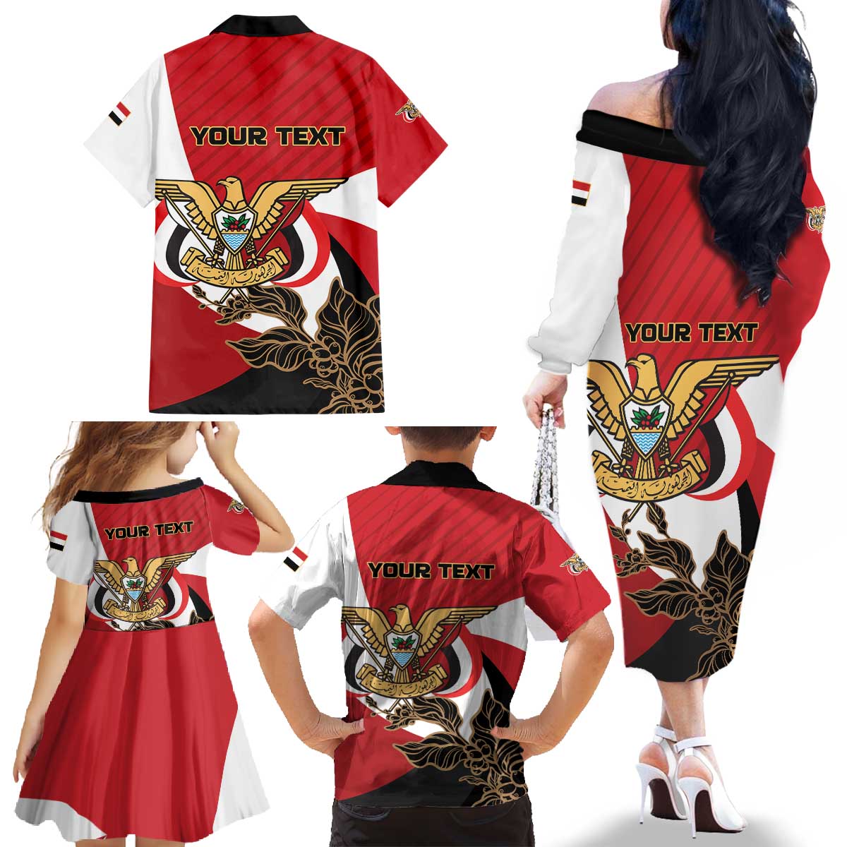 Personalized Republic of Yemen Family Matching Off The Shoulder Long Sleeve Dress and Hawaiian Shirt Yamaniyyatu Coat of Arms - Wonder Print Shop