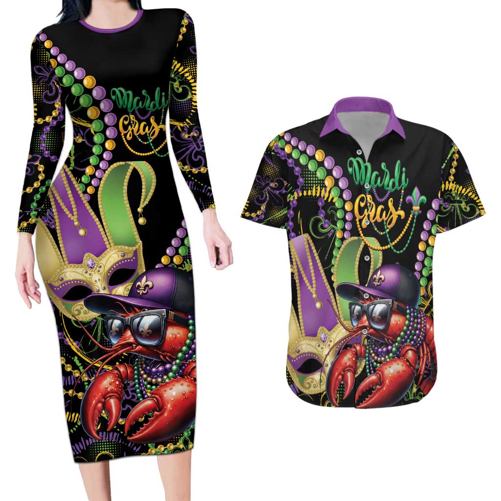 Personalized Mardi Gras Funny Shrimp Couples Matching Long Sleeve Bodycon Dress and Hawaiian Shirt Fleur De Lis Special Version - Wonder Print Shop
