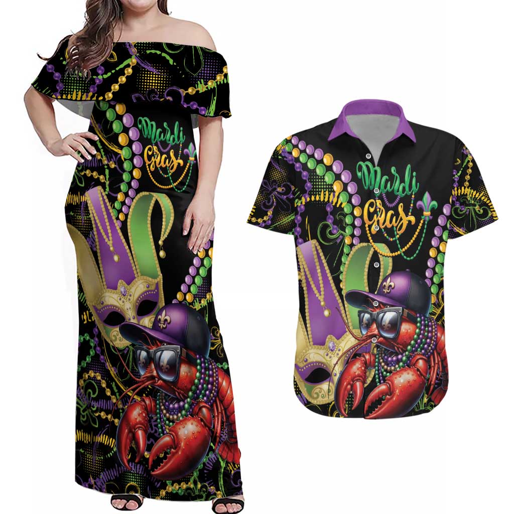 Personalized Mardi Gras Funny Shrimp Couples Matching Off Shoulder Maxi Dress and Hawaiian Shirt Fleur De Lis Special Version - Wonder Print Shop