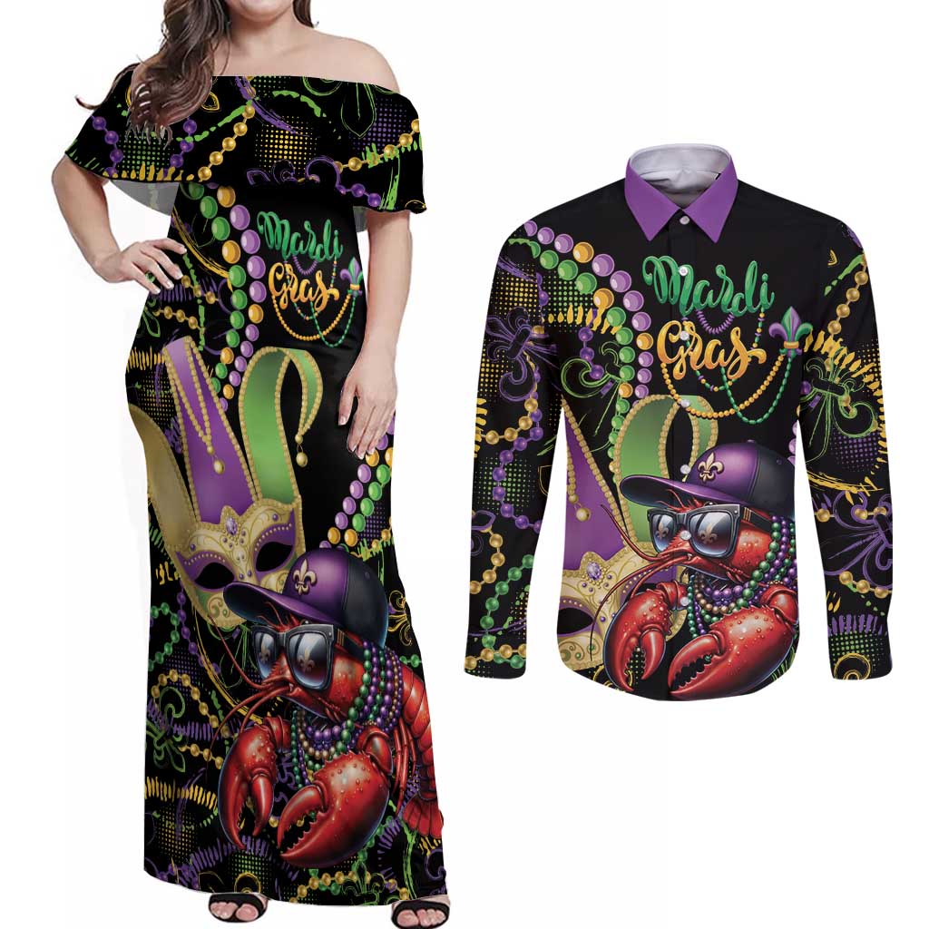 Personalized Mardi Gras Funny Shrimp Couples Matching Off Shoulder Maxi Dress and Long Sleeve Button Shirt Fleur De Lis Special Version - Wonder Print Shop