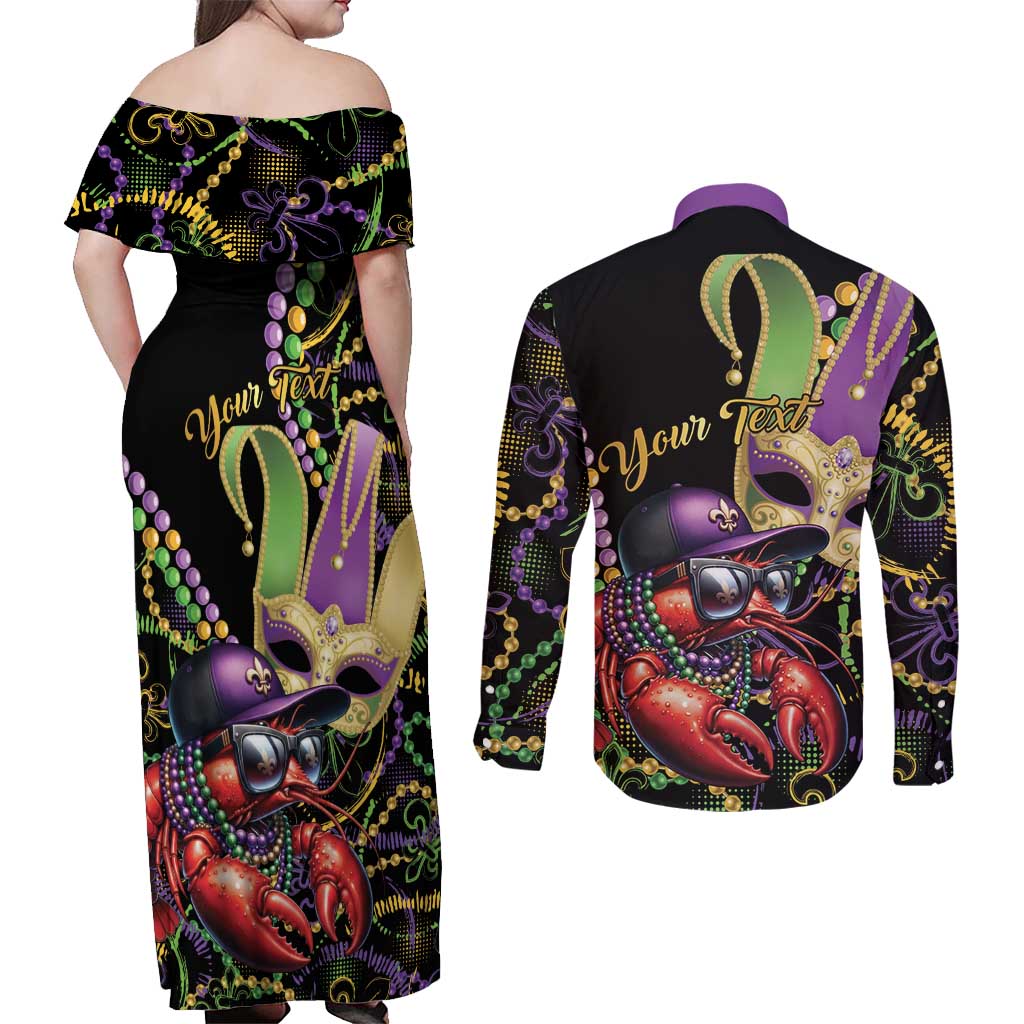 Personalized Mardi Gras Funny Shrimp Couples Matching Off Shoulder Maxi Dress and Long Sleeve Button Shirt Fleur De Lis Special Version - Wonder Print Shop