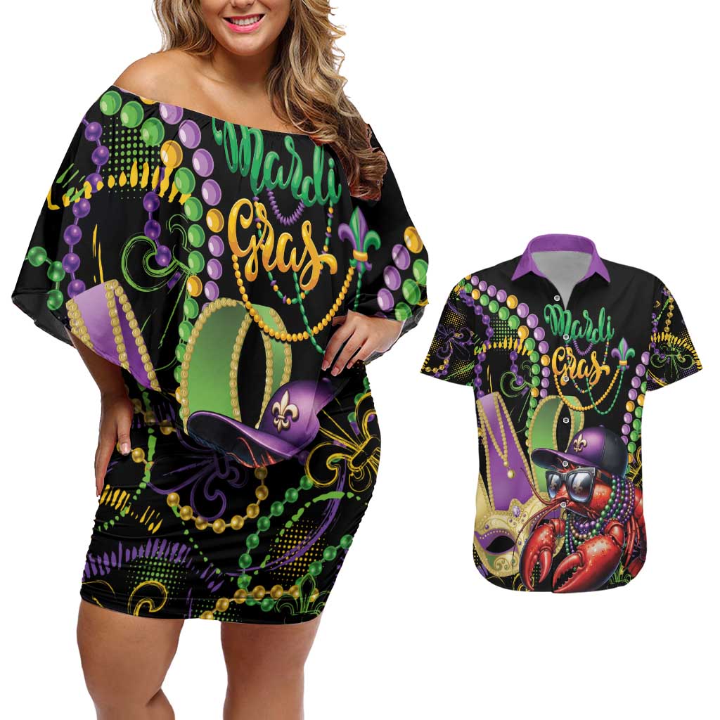 Personalized Mardi Gras Funny Shrimp Couples Matching Off Shoulder Short Dress and Hawaiian Shirt Fleur De Lis Special Version - Wonder Print Shop