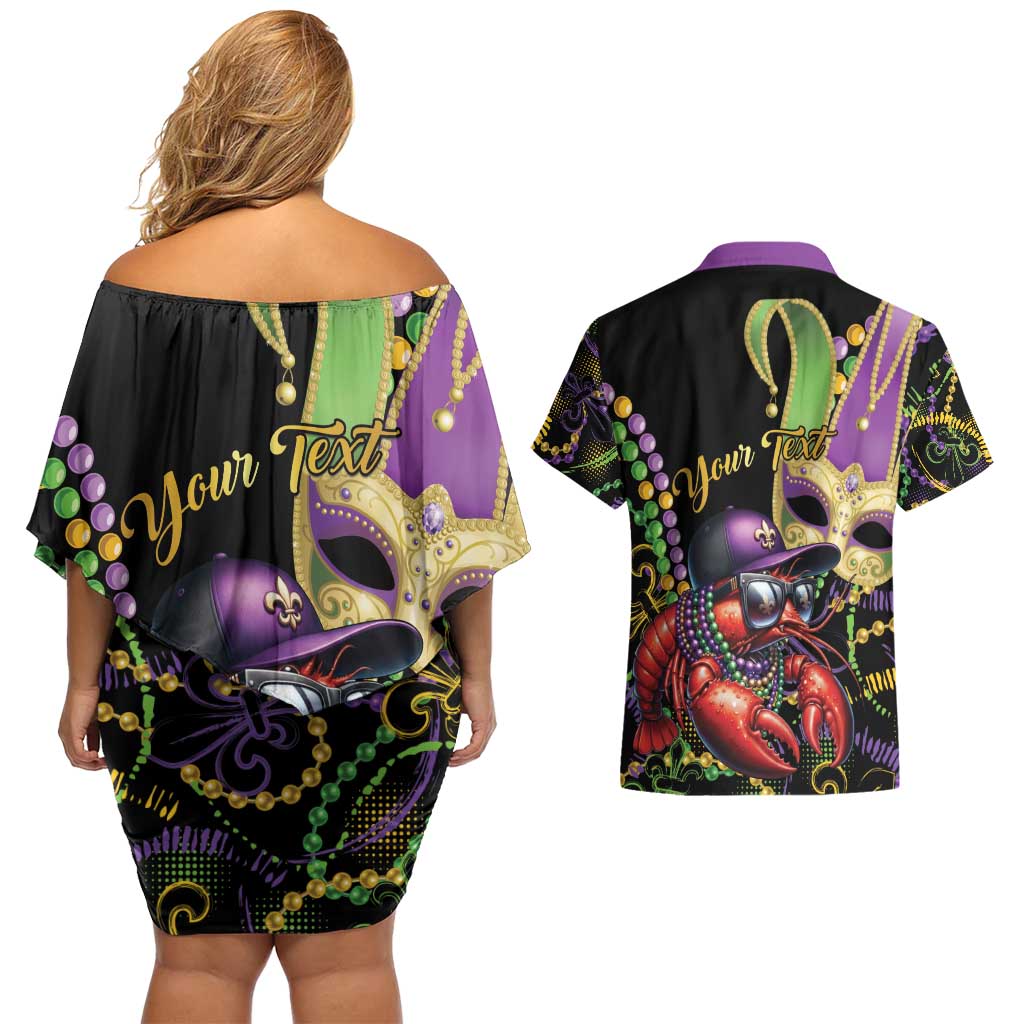 Personalized Mardi Gras Funny Shrimp Couples Matching Off Shoulder Short Dress and Hawaiian Shirt Fleur De Lis Special Version - Wonder Print Shop