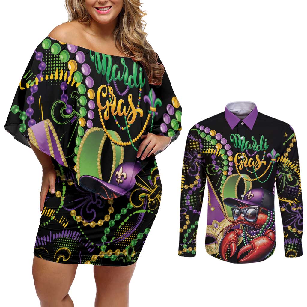 Personalized Mardi Gras Funny Shrimp Couples Matching Off Shoulder Short Dress and Long Sleeve Button Shirt Fleur De Lis Special Version - Wonder Print Shop