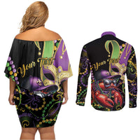 Personalized Mardi Gras Funny Shrimp Couples Matching Off Shoulder Short Dress and Long Sleeve Button Shirt Fleur De Lis Special Version - Wonder Print Shop