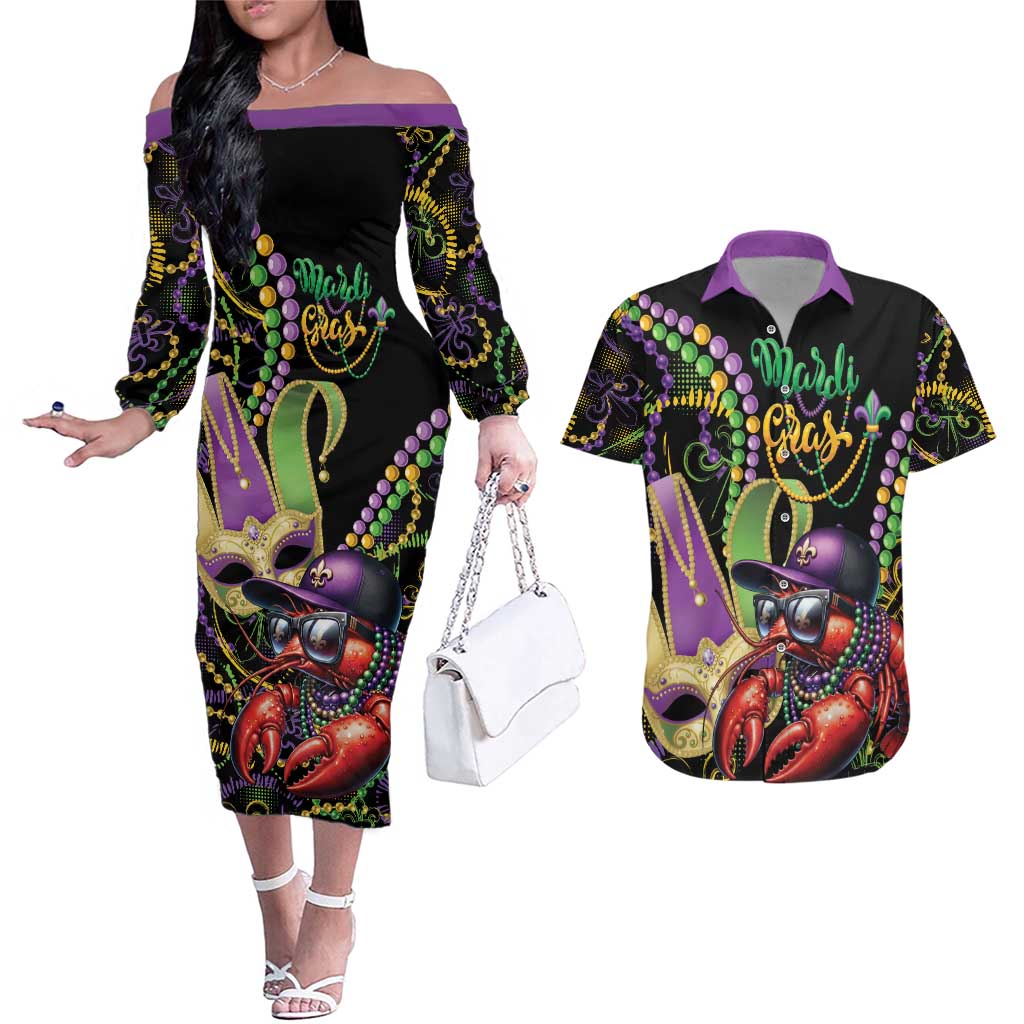 Personalized Mardi Gras Funny Shrimp Couples Matching Off The Shoulder Long Sleeve Dress and Hawaiian Shirt Fleur De Lis Special Version - Wonder Print Shop