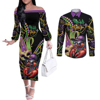 Personalized Mardi Gras Funny Shrimp Couples Matching Off The Shoulder Long Sleeve Dress and Long Sleeve Button Shirt Fleur De Lis Special Version - Wonder Print Shop