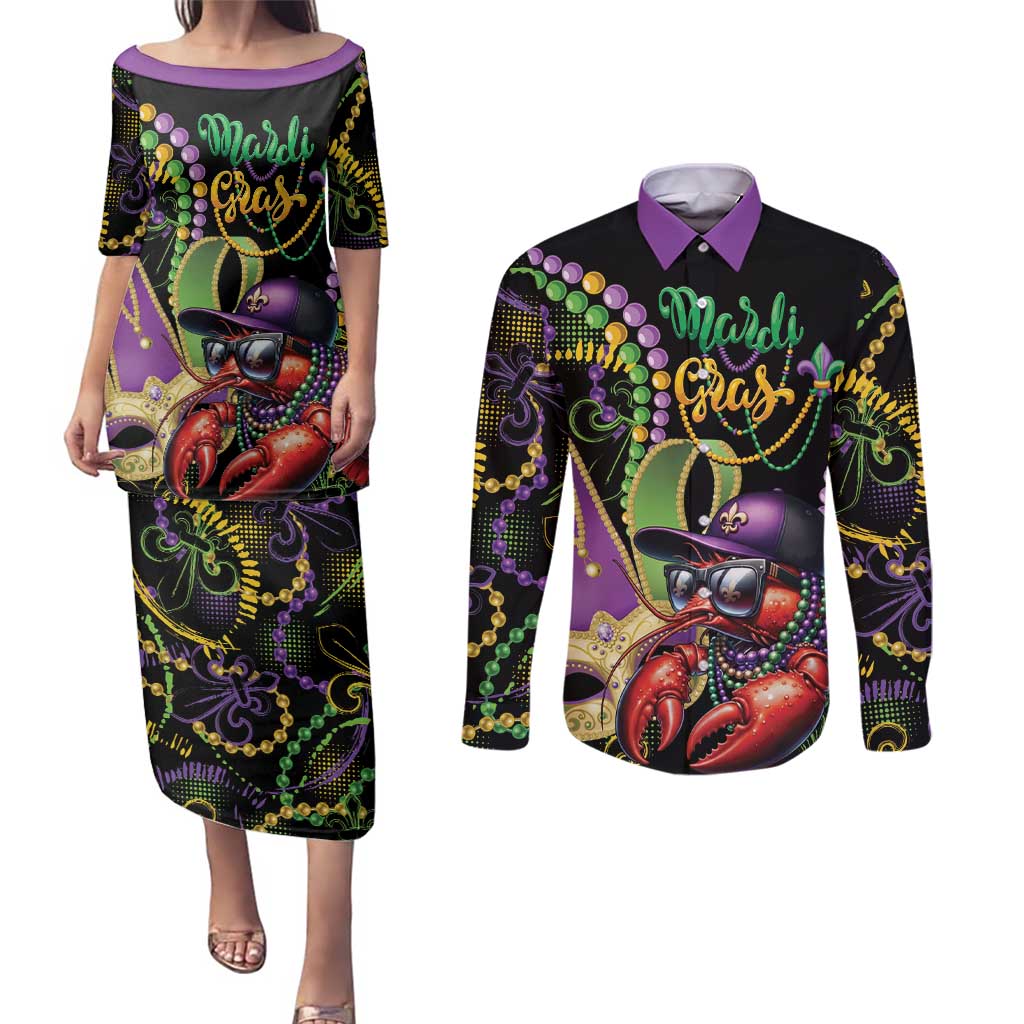 Personalized Mardi Gras Funny Shrimp Couples Matching Puletasi and Long Sleeve Button Shirt Fleur De Lis Special Version - Wonder Print Shop