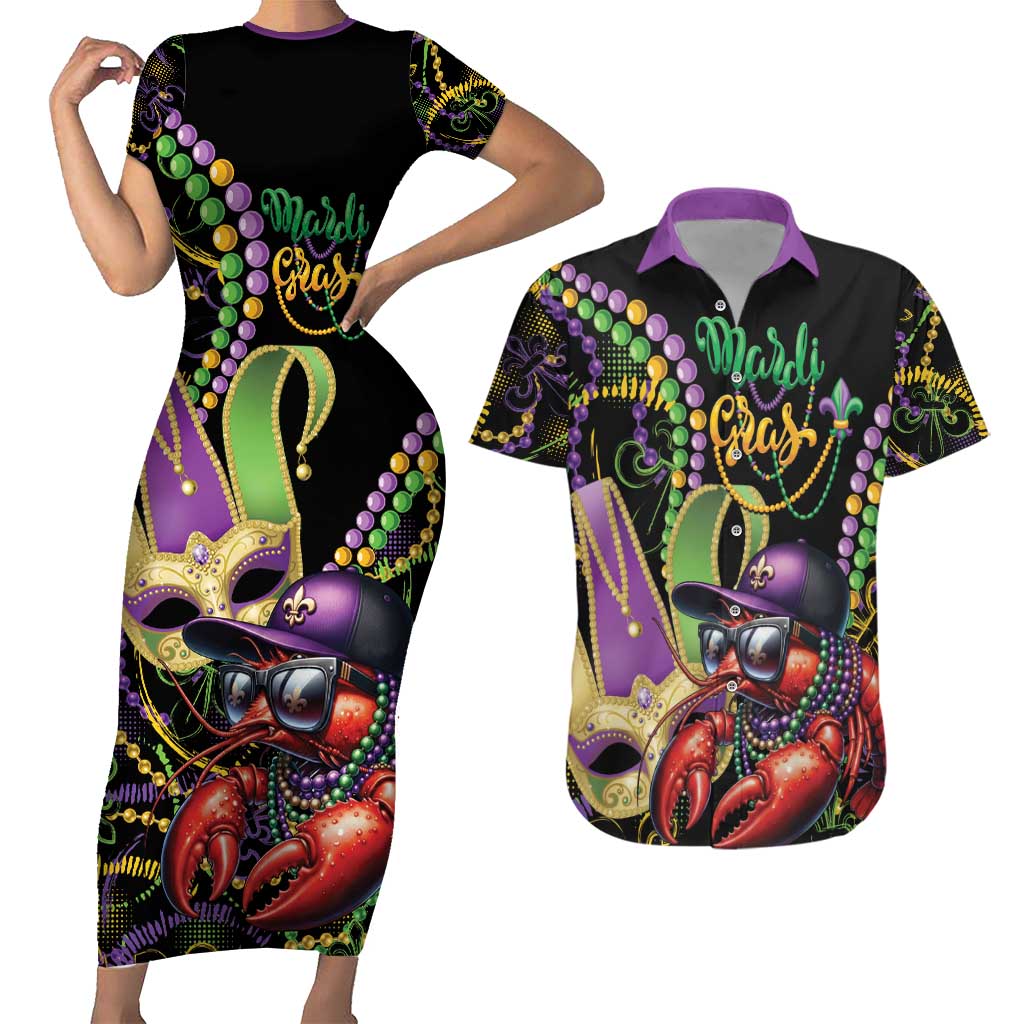 Personalized Mardi Gras Funny Shrimp Couples Matching Short Sleeve Bodycon Dress and Hawaiian Shirt Fleur De Lis Special Version - Wonder Print Shop