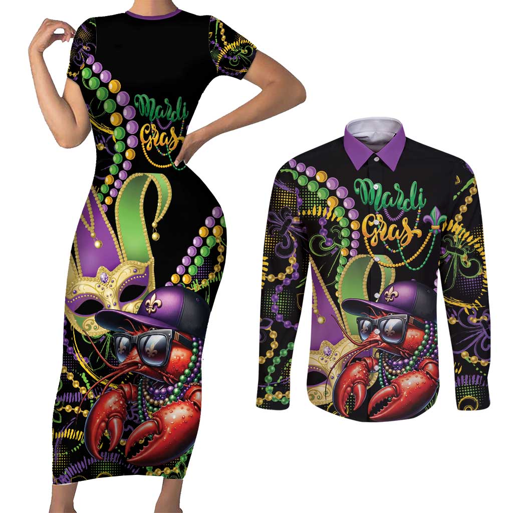 Personalized Mardi Gras Funny Shrimp Couples Matching Short Sleeve Bodycon Dress and Long Sleeve Button Shirt Fleur De Lis Special Version - Wonder Print Shop