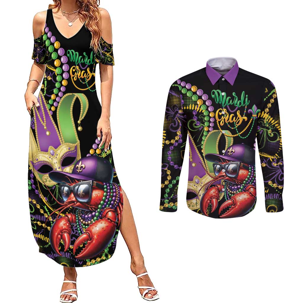 Personalized Mardi Gras Funny Shrimp Couples Matching Summer Maxi Dress and Long Sleeve Button Shirt Fleur De Lis Special Version - Wonder Print Shop