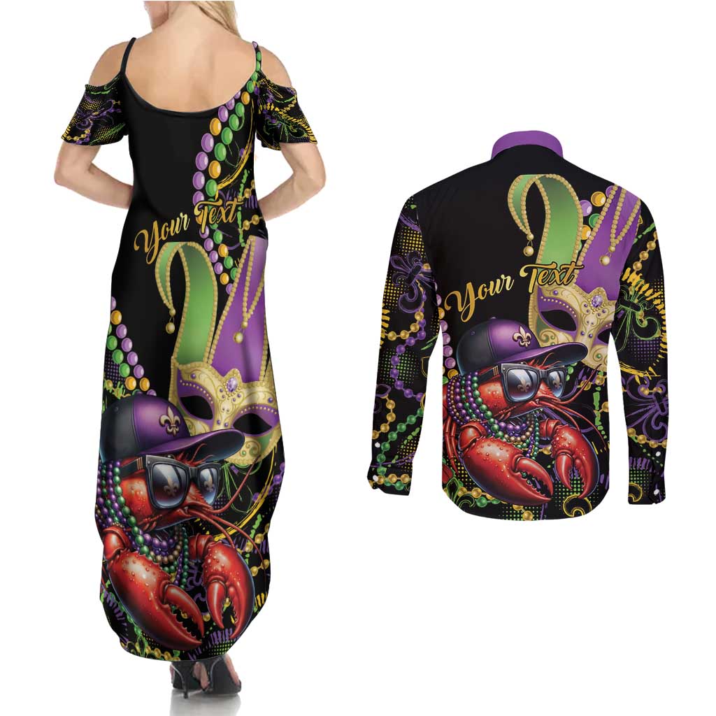 Personalized Mardi Gras Funny Shrimp Couples Matching Summer Maxi Dress and Long Sleeve Button Shirt Fleur De Lis Special Version - Wonder Print Shop