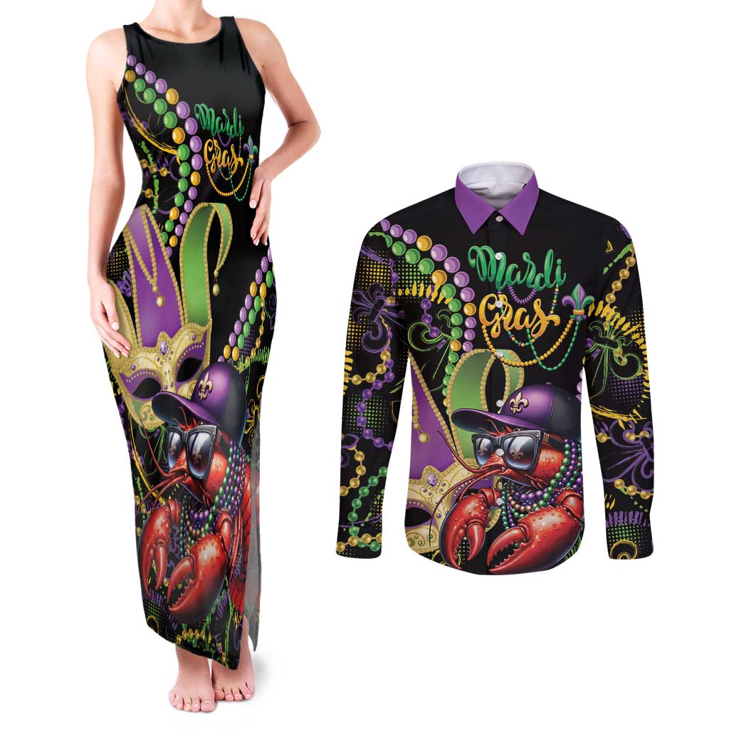 Personalized Mardi Gras Funny Shrimp Couples Matching Tank Maxi Dress and Long Sleeve Button Shirt Fleur De Lis Special Version - Wonder Print Shop