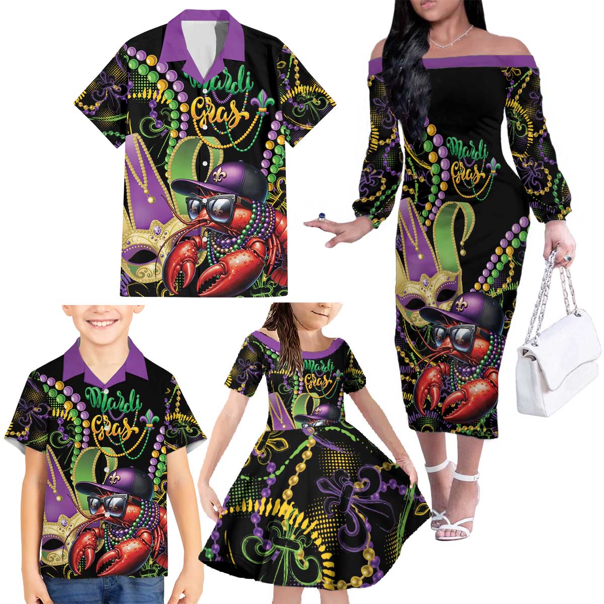 Personalized Mardi Gras Funny Shrimp Family Matching Off The Shoulder Long Sleeve Dress and Hawaiian Shirt Fleur De Lis Special Version - Wonder Print Shop