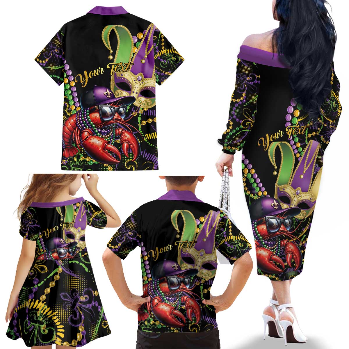 Personalized Mardi Gras Funny Shrimp Family Matching Off The Shoulder Long Sleeve Dress and Hawaiian Shirt Fleur De Lis Special Version - Wonder Print Shop